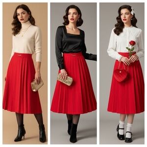 Red Pleated Preppy Midi Skirt M Lana Lee Vintage Union Made